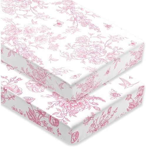 2 Pack Pink Vintage Floral Crib Sheet Set for Baby Girl, Soft Breathable Fitted Coquette Crib Sheet 28 x 52 in, Chinoiserie Nursery Decor for Standard Crib and Toddler Bed Mattresses