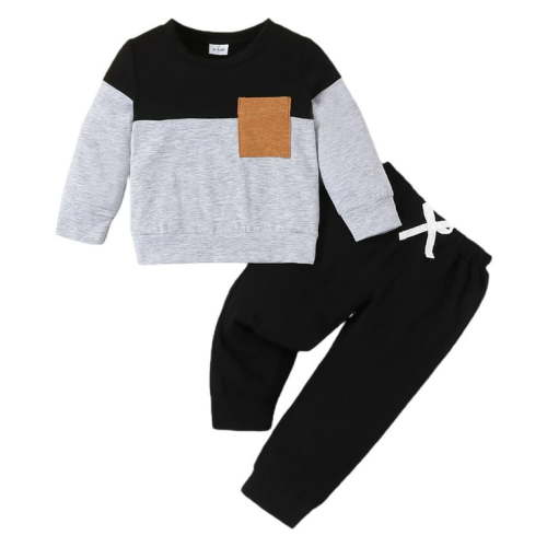 Caqnni Toddler Baby Boy Clothes Set Solid Color Long Sleeve Crewneck Sweatshirt Top Casual Pants Set Cute Fall Winter Outfits (A01-Black,9-12 Months)
