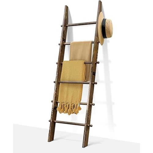 TEAKMAMA 6-Tier Blanket Ladder with Hanging Knobs,5.5 Ft Wall Leaning Blanket Ladders for Living Room Bedroom,Rustic Decorative Storage for Quilts,Throws,Easy to Assemble,Rustic Brown