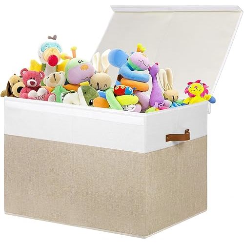 Large Toy Storage Box with Lid, Sturdy Toys Storage Chest Bin Organizer Basket with Dividers for Kids, Boys, Girls, Nursery, Closet, Bedroom, Playroom 26"x17" x17" (Beige and White)