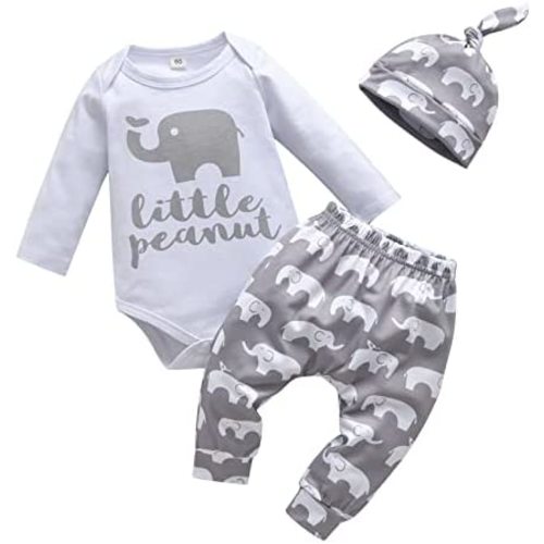 Newborn Infant Baby Boy Clothes Print Long Sleeve Bodysuit + Pants + Hat 3 PCS Outfits Set