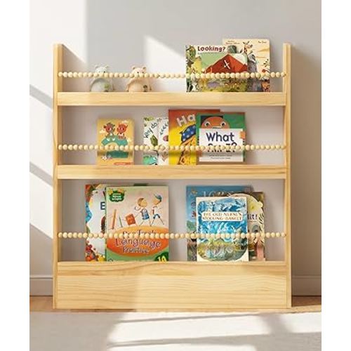 31.5 Inch Kids Bookshelf, Natural Wood Kid Book Shelf Wall Mount Organizer Shelves Hanging Children Bookcase Reading Nook Boho Decor for Kids Room Playroom Living Room Bedroom, 3 Tiers