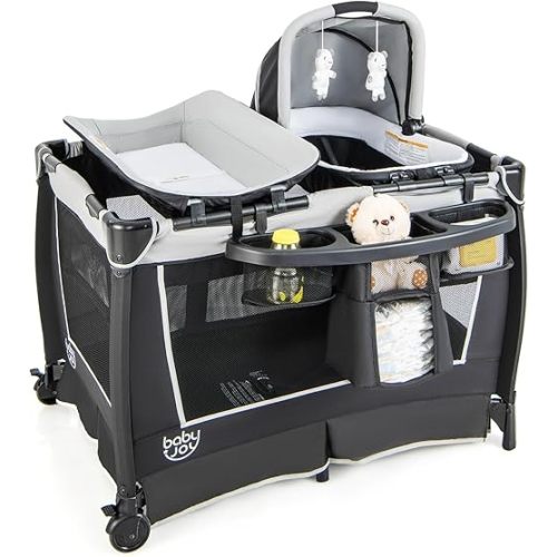 BABY JOY 4 in 1 Pack and Play, Portable Infant Bassinet w/Bassinet & Diaper Changing Table, Nursery Center Baby Playard with Toys & Music & Oxford Bag for Baby Toddlers (Dark Grey, Classic)
