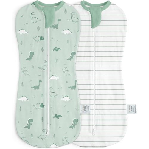 Baby Swaddle 0-2 Months, Cotton Arm-In Zipper Sleep Sack, Wearable Blankets Wrap for Newborn Infant Boys (Dinosaur, Stripe, Pack of 2)