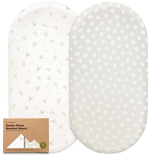 2-Pack Organic Bassinet Sheets for Girls, Boys - 100% Cotton Bassinet Mattress Sheets Compatible with Halo Bassinest Swivel Sleeper, Graco, Baby Delight, Chicco, Unisex Fitted Bassinet Sheets (Meadow)