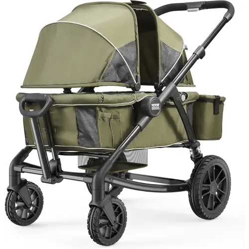 VEVOR All-Terrain Stroller Wagon, 2 Seats Foldable Expedition 2-in-1 Collapsible Wagon Stroller, Includes Canopy, Parent Organizer, Snack Tray & Cup Holders, 55lbs for Single Seat, Olive Green