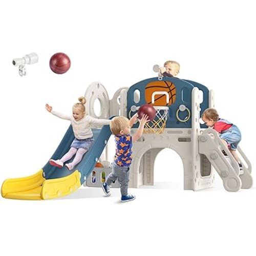 9 in 1 Toddler Slide, Kid Slide for Toddlers Age 1-3 with Ring Toss, Basketball Hoop, and Telescope, Indoor Outdoor Slide Toddler Playset Toddler Playground
