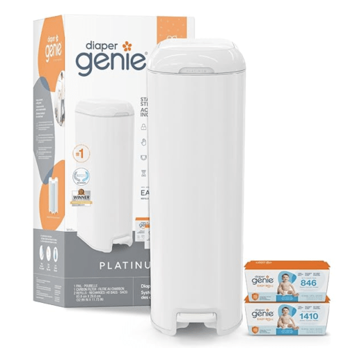 Diaper Genie Platinum Pail Gift Set, Lily White, Made of Durable Stainless Steel and Includes 2 Easy Roll Refills with 18 Bags and 30 Bags