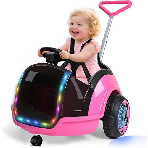 ANPABO 3-in-1 Electric Push Ride On Car, 12V Kids Ride On Toy w/Remote Control, 360° Spin, 5-Point Safety Belt, Colorful LED Light, Music Player, Push Car for Toddler Ages 1-3 (Pink)