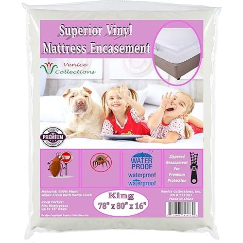 Superior Extra Heavy 8 Gauge Vinyl Mattress Protector Zippered Encasement Cover 100% Waterproof King Size White