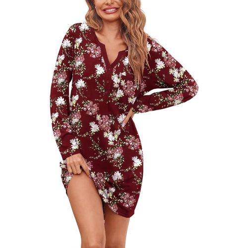 Ekouaer Women's Nightshirt Long Sleeve Button Down Nightgown V-Neck Sleepwear Casual Pajama Dress
