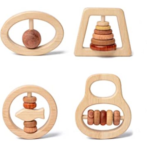 JOCY Wooden Baby Toys, Montessori Toys for Babies 0-6-12 Months,Wooden Rattle for Baby, Wooden Teether Gifts for Boys and Girls 4 PC