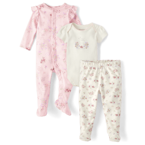 Baby Girls Floral Deer Take Me Home 3-Piece Set - Pink
