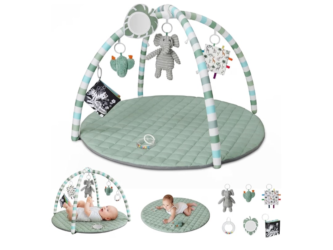 Blissful Diary Baby Play Gym Mat, Play Mat Activity Mat with 6 Detachable Toys for Stage-Based Sensory & Motor Skill Development, Easy to Install & Clean, Baby Essentials Gift, Sage Green