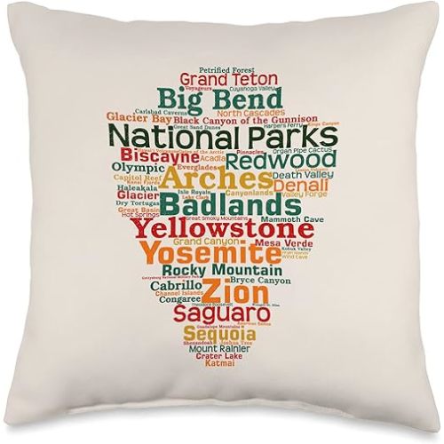 National Parks Word List Cloud Camping Hiking Men Women Kids Throw Pillow