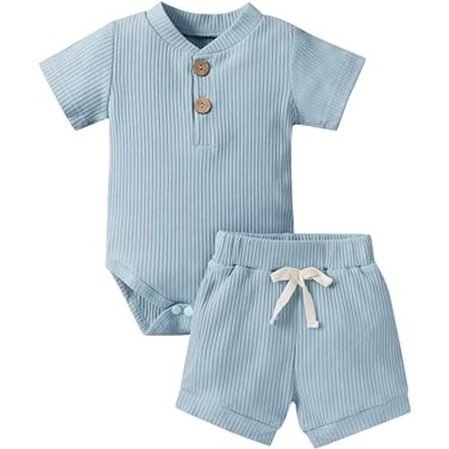 Ledy Champswiin Summer Newborn Baby Boy Girl Clothes Set Ribbed Outfits Unisex Infant Solid Short Sleeve Tops Shorts 2PCS