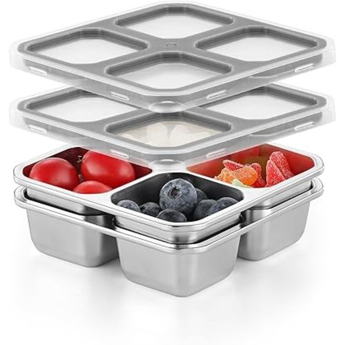 2 Pack Stainless Steel Snack Containers with Lids 4 Compartment Food Storage Containers for Adults & Kids Meal Prep Containers Reusable