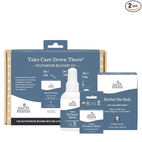 Earth Mama Postpartum Recovery Kit, Take Care Down There® Trifecta with Organic Perineal Balm, Sitz Bath & Herbal Peri Spray, 3-Piece Set