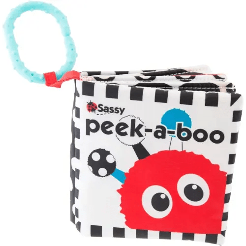 Sassy Peek-a-Boo Activity Book with Attachable Link for On-The-Go Travel, Sensory Play, Black & White, Ages 0+ Months