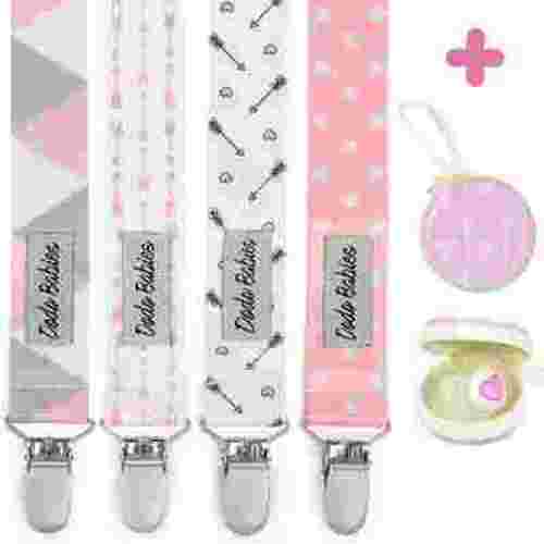 Dodo Babies Pacifier Clip Set - Four Clips Plus Binky Case - Universal Holder Fits Most Paci Brands, Teether Toys and Car Seats - Pink and Gray Prints for Girls or Boys