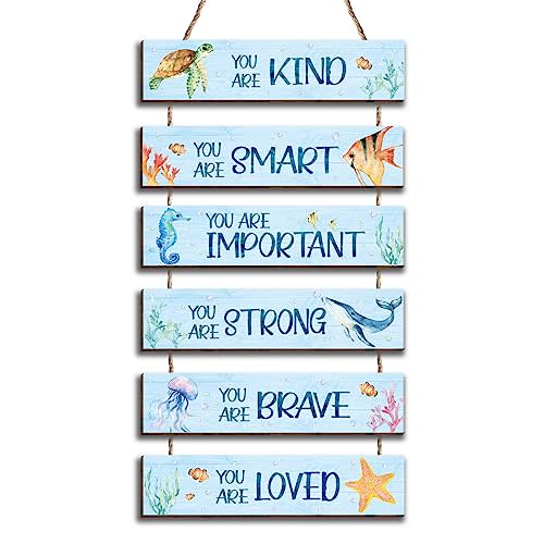 HIWERAN 6 Pieces Ocean Decor Kids Room Decor, Inspirational Watercolor Ocean Positive Quotes Wall Art Decor Hanging Plaque Sign for Teens Children Bedroom Princess Toddler Room17