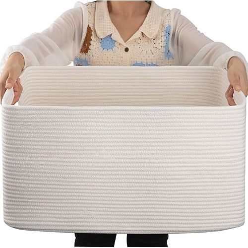 OIAHOMY 75L Large Blanket Basket, Woven Blanket Storage Basket with Handle, Cotton Rope Basket for Organizing 22”x17”x12”, Blanket Basket living Room, Toy Basket for Nursery, White