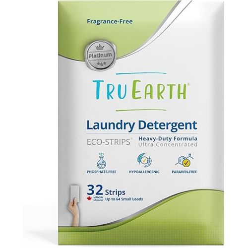 Tru Earth Platinum - Heavy Duty Laundry Detergent Sheets (Made in Canada) - Up to 64 Loads (32 Sheets), Fragrance Free - Ultra-Concentrated Strips Formula - Eco-Friendly, Hypoallergenic Laundry Sheets