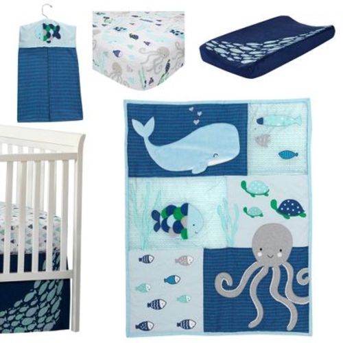 Lambs & Ivy Oceania 6-piece Baby Crib Bedding Set - Blue Ocean, Nautical, Aquatic, Whale, Octopus Theme