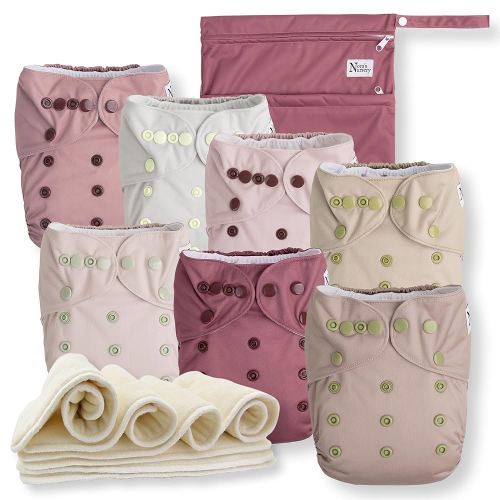 Nora's Nursery Cloth Diapers 7 Pack with 7 Inserts & 1 Wet Bag - Waterproof Cover, Washable, Reusable & One Size Adjustable Pocket Diapers for Newborns and Toddlers - Ballet Slippers