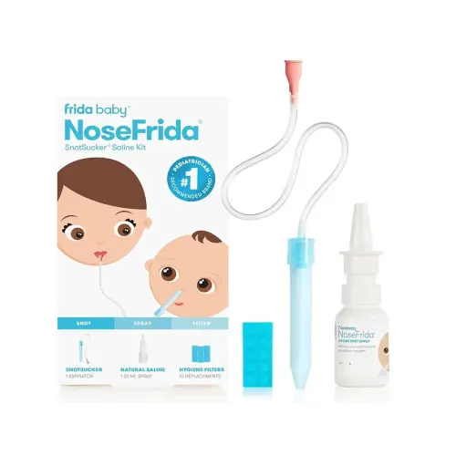 Frida Baby Saline Kit, Includes NoseFrida Nasal Aspirator for Baby, Baby Nose Sucker, Saline Nasal Spray for Babies with 10 Extra Hygiene Filters, Nasal Spray Decongestant, 0.68 fl oz