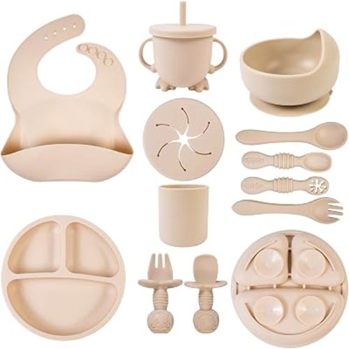 12-Piece Baby Silicone Feeding Set | Strong Suction Plate & Bowl | Soft Tip Spoons & Forks | 2-in-1 Straw & Snack Cup​ | Waterproof Bib | Baby Led Weaning Supplies | BPA Free（Beige）