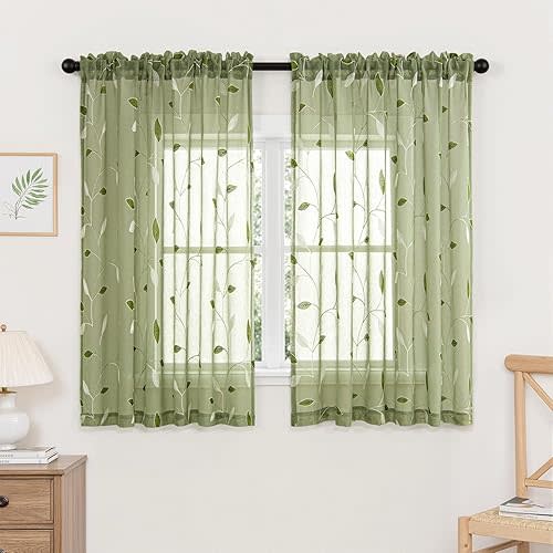 MIULEE Sage Green Sheer Curtains 2 Panels Embroidered Leaf Patterned Rod Pocket Floral Semi Sheer Faux Linen Short Window Curtains Drapes Set for Kitchen Living Room Bedroom, 52x54 Inches Length