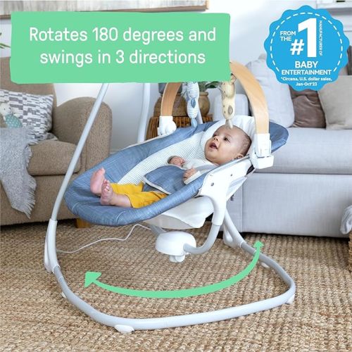 Ingenuity SimpleComfort Compact Soothing Swing, Rotating Toy Bar, Rotating Seat, 6 Speeds, for Ages 0-9 Months, Up to 20 Pounds - Chambray