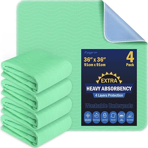 4 Pack 36” x 36” Extra Heavy Absorbency Washable Underpads, Waterproof Quick Drying Nursing Pads Incontinence Bed Pads, Reusable Washable Pee Pads for Dogs, Diaper Changing & Adults