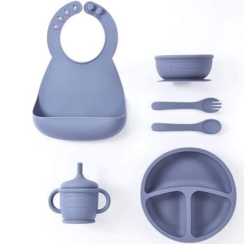 HUX Baby Silicone Baby Feeding Set, Baby Plate Bowl Set, Baby Silicone Feeding Set, Baby Led Weaning Set, Baby Plates and Bowls Set Suction, Blw Set (Blue)