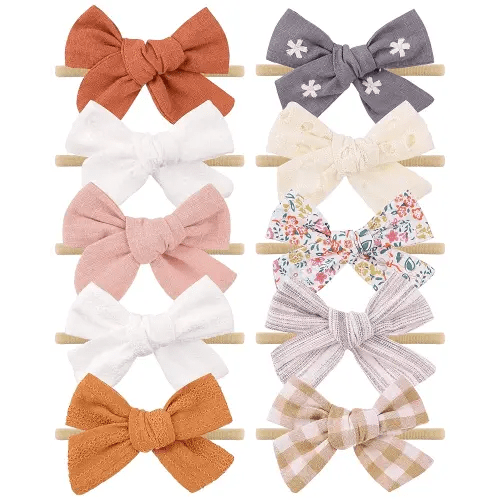 doboi 10PCS Baby Girls Headbands Hair Bows Nylon Linen Hairbands Handmade Hair Accessories for Newborn Infant Toddlers Little Girl and Kids 3.5Inches