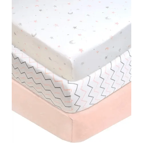 American Baby Company 3 Pack 100% Natural Cotton Fitted Crib Sheets 52" x 28" - Soft, Breathable, Hypoallergenic & Gentle Toddler Bed Sheets, Blush Pink Star/Zigzag, Neutral for Boys & Girls