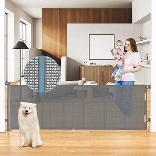 HAMOPY 120 Inch Reinforced Strip Extra Wide Retractable Baby Gate, 33" Tall, Prevent Crawling Through, Wide Extra Long Child Safety Gate for Indoor Baby Fence, Outdoor, Stairs, Deck(Grey)