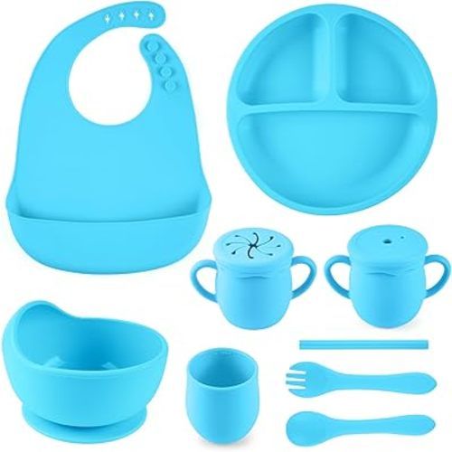 Silicone Baby Feeding Set - 10 PCS Baby Led Weaning Supplies, Baby Suction Plate and Bowl Set, Sippy Cup and Bib, First Stage Solid Food Eating Utensils 6+ Months(Blue)