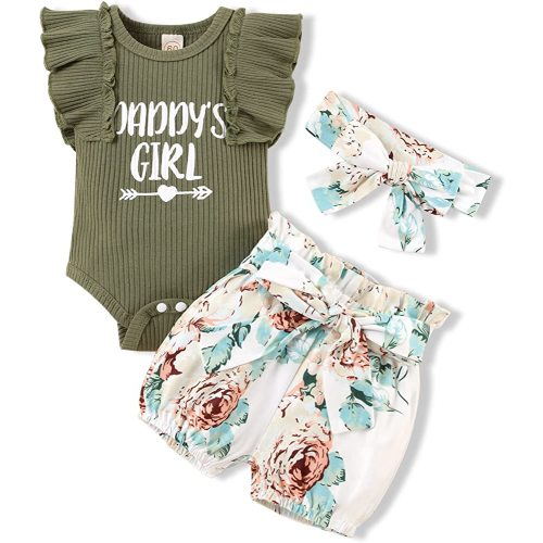 KISSB Newborn Baby Girl Summer Clothes Outfits Daddys Little Girl Short Sleeve Romper Infant Floral Shorts Set 3Pcs