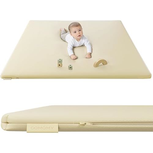 COMOMY Vegan Leather Baby Play Mats for Floor, 50 x 50 Play Mat for Playpen, Thickened High-Density Foam Playmats for Babies and Toddlers - Extra Soft and Resilient, Easy to Wipe Clean, Ivory