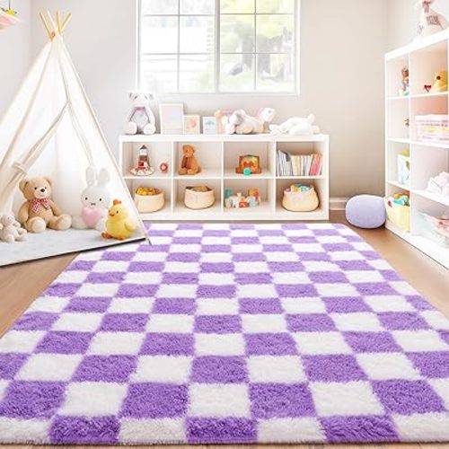 Checkered Rug for Living Room 8x10, Ultra Fluffy Fuzzy Shag Large Area Rug for Bedroom, Modern Plush Soft Upgrade Non-Slip Carpet for Kids Girls and Boys Room Dorm Home Decor, White and Purple