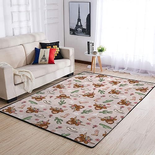 Western Cowgirl Cow Cactus Area Rugs Cowgirl Hats Boots Yak Boho Floral Throw Carpet Ethnic Tribal Floor Mats for Kids Nursery Bedroom Bathroom Living Room Kitchen Laundry Decor Playmat 36x60inch