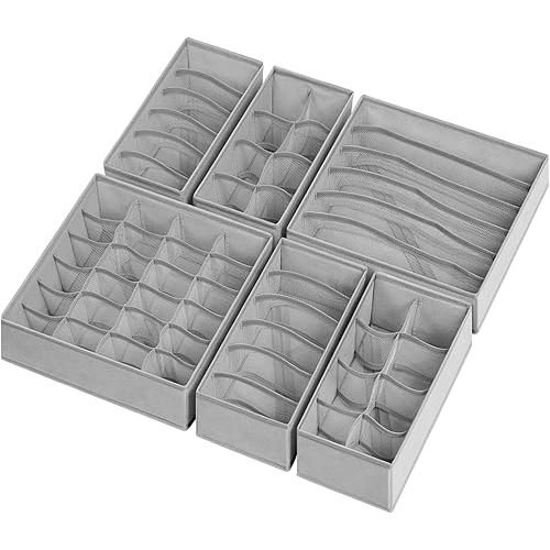 6 Pack Sock Underwear Drawer Organizer Dividers, 58 Cell Foldable Fabric Dresser Closet Organizers and Storage Bins for Clothing, Baby Clothes, Bra, Panty, Scarf, Ties (Grey)