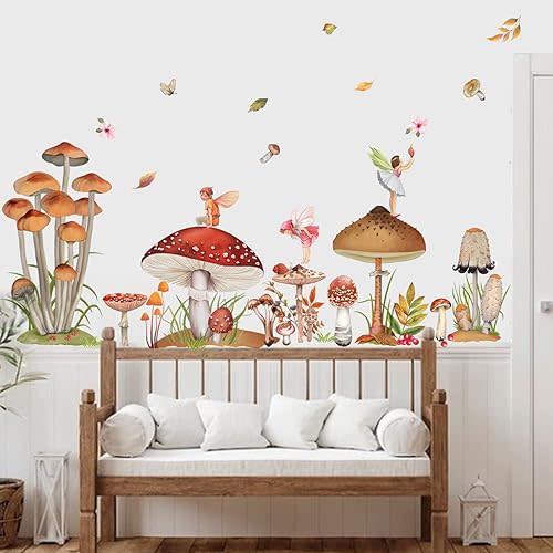 decalmile Woodland Mushroom Wall Decals Spring Forest Grass Easter Wall Stickers Girls Bedroom Living Room Kitchen Wall Door Decor