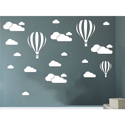 White Clouds & Hot Air Balloons Nursery Kids Childs Room Vinyl Wall Art Sticker Baby Wall Decals Removable Waterproof Wallpaper D952 (White)