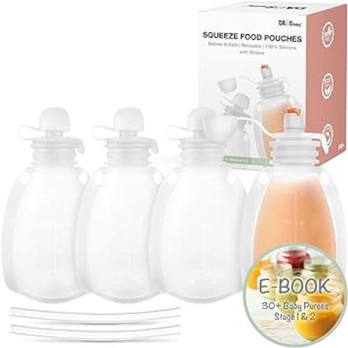 DAUS Baby™ Easy Squeezy Reusable Silicone Baby Food Pouches with Detachable Straws for Babies & Toddlers | 4-Pk Value Bundle, includes Stage 1&2 Baby Food Recipes E-Book | 130 ml (4 oz), 6m+ (Clear)