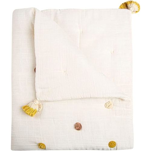 Crane Baby Blanket, 36” x 36”, Soft Cotton Pom Pom Nursery Blanket for Boys and Girls, Cream