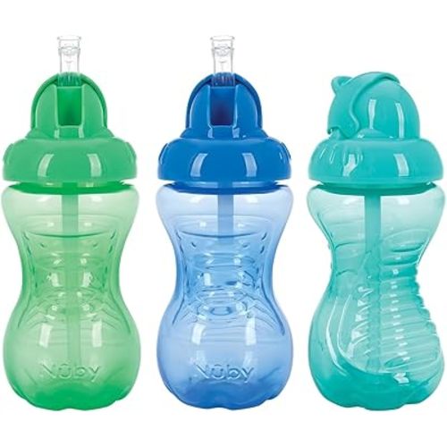 Nuby 3 Pack No Spill Flip it Soft Straw Toddler Sippy Cups - Toddler Cups Spill Proof with Easy and Firm Grip - Green, Blue, Aqua