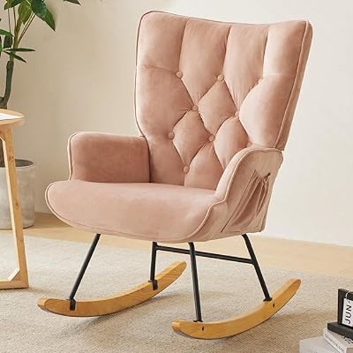 Karl home Rocking Chair Nursery Velvet Glider Rocker with High Backrest Accent Rocking Armchair with Side Pockets for Living Room, Bedroom, Nursery, Home Office, Pink